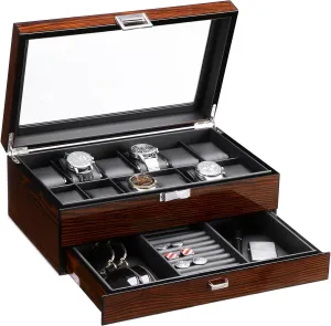 2-Layer Watch Organizer with Drawer,  Glass Top & Metal Hinge, Brown