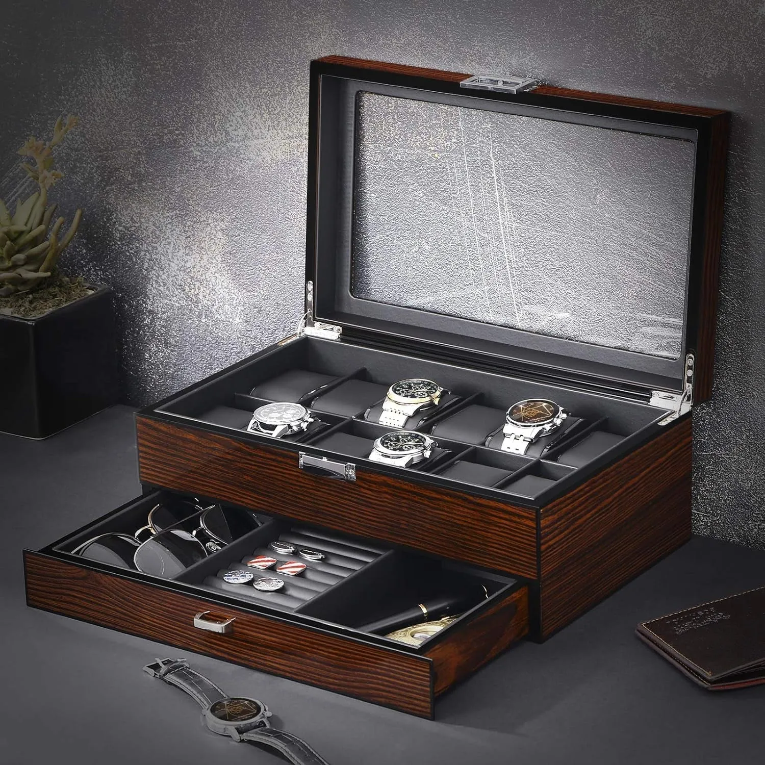 2-Layer Watch Organizer with Drawer,  Glass Top & Metal Hinge, Brown