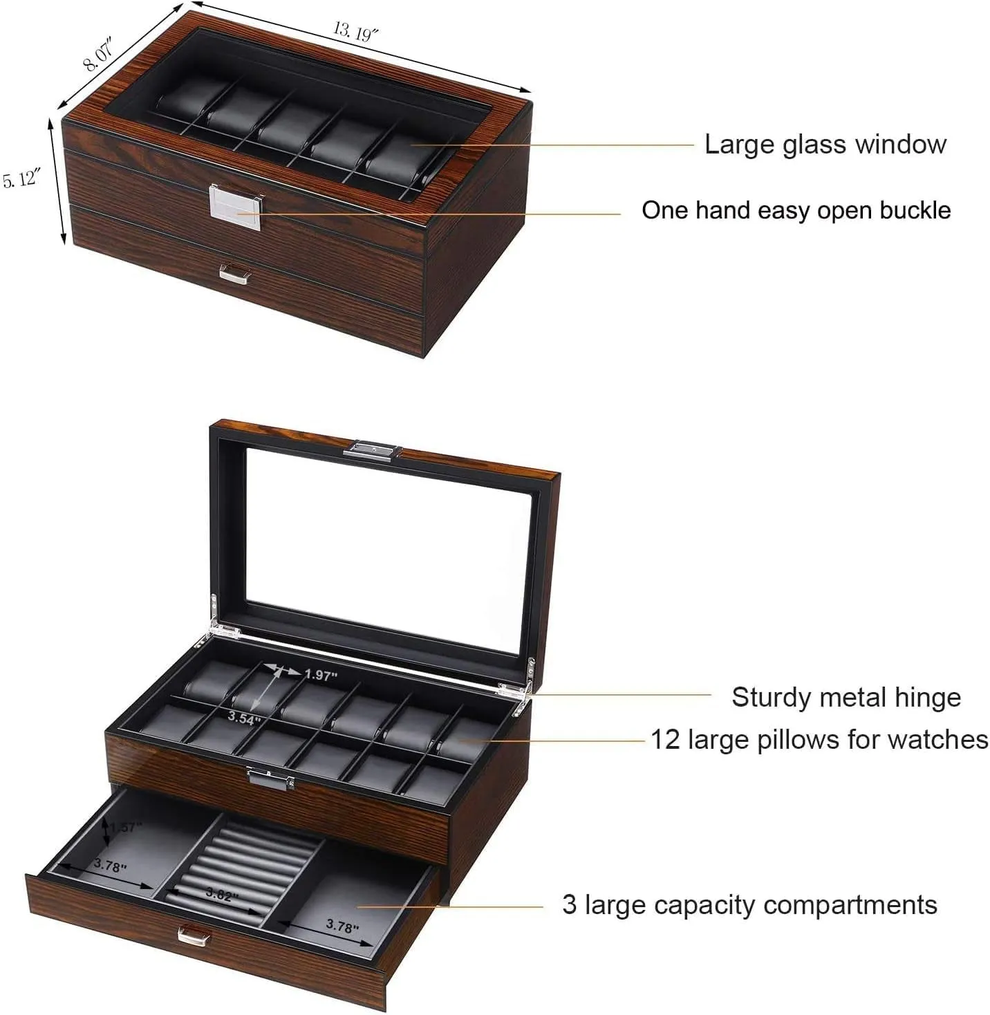 2-Layer Watch Organizer with Drawer,  Glass Top & Metal Hinge, Brown