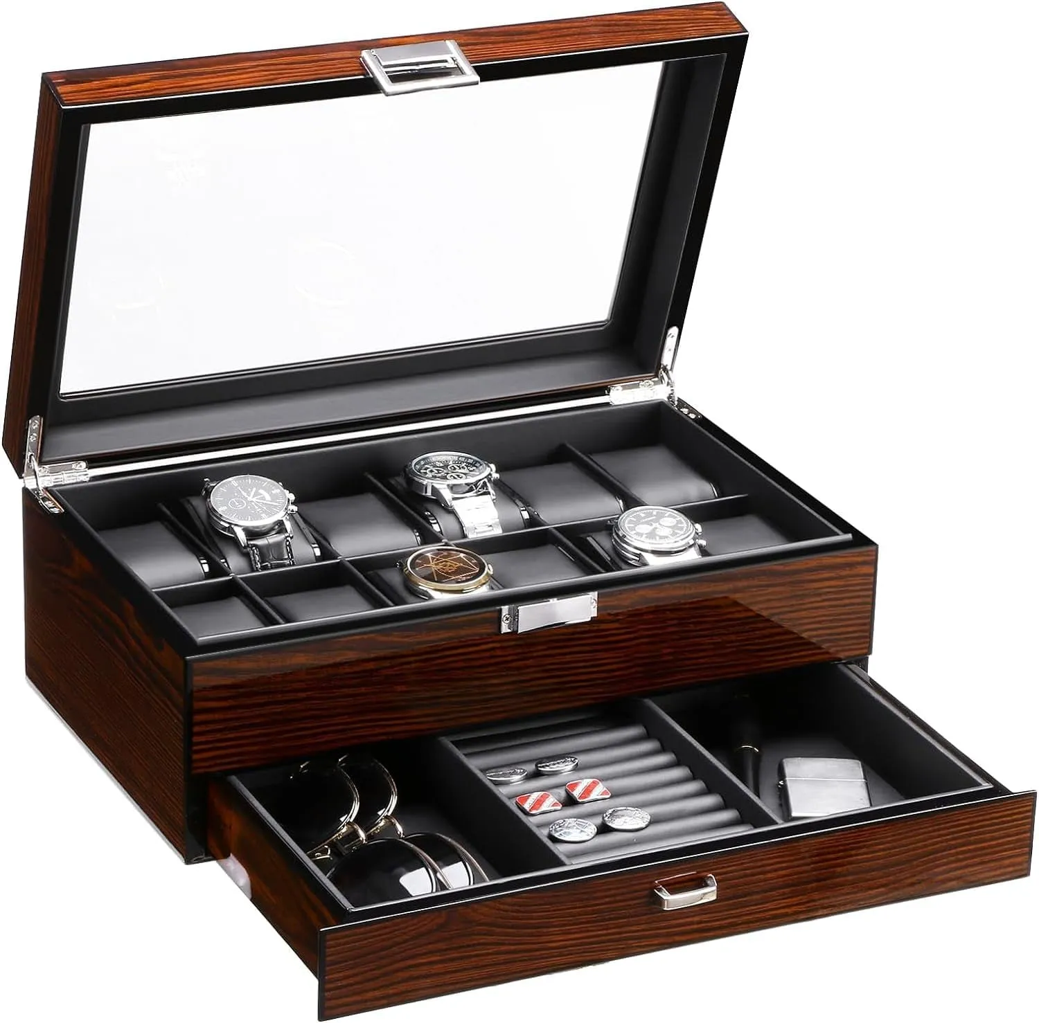 2-Layer Watch Organizer with Drawer,  Glass Top & Metal Hinge, Brown
