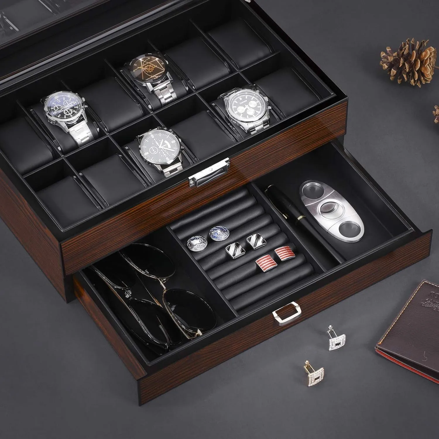 2-Layer Watch Organizer with Drawer,  Glass Top & Metal Hinge, Brown