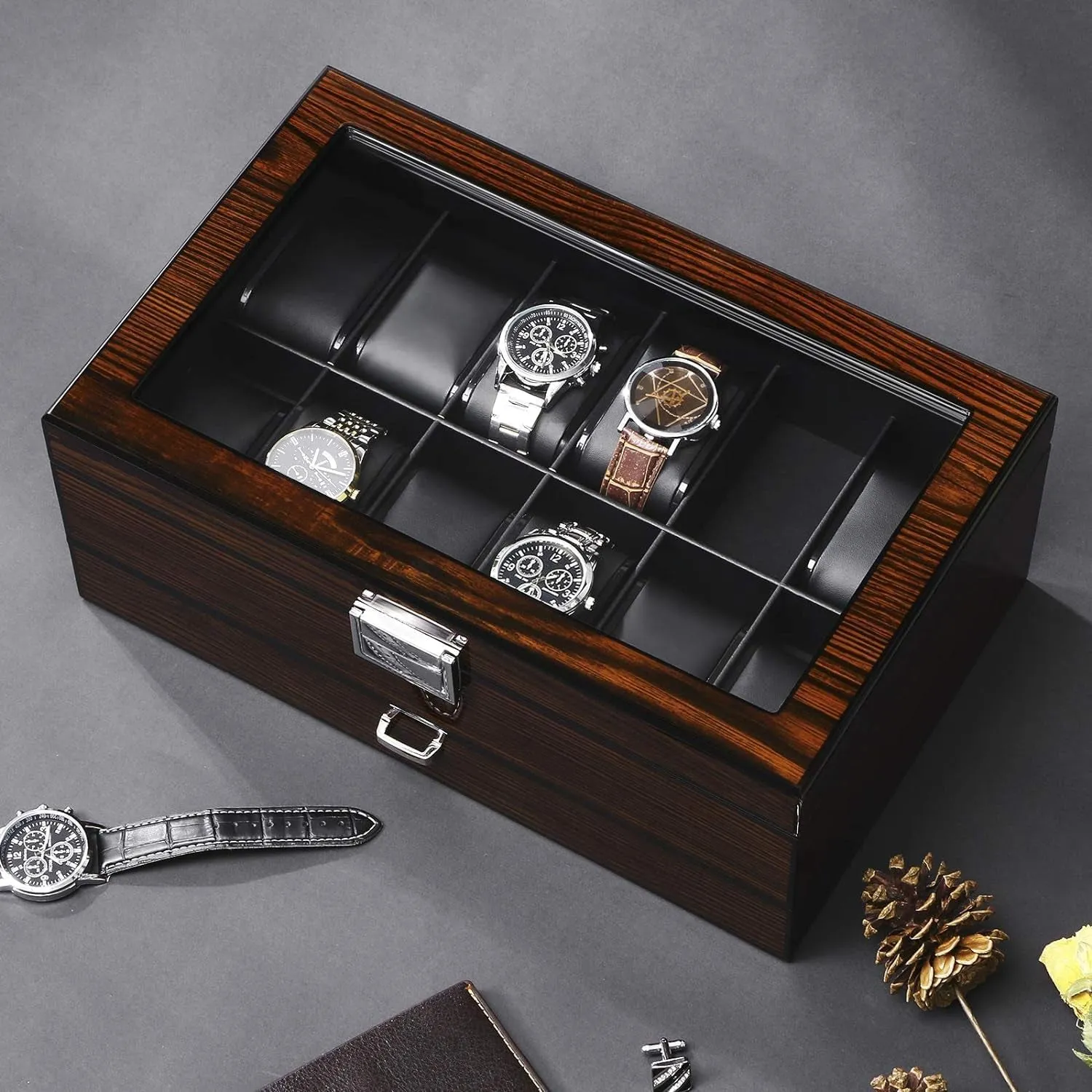 2-Layer Watch Organizer with Drawer,  Glass Top & Metal Hinge, Brown