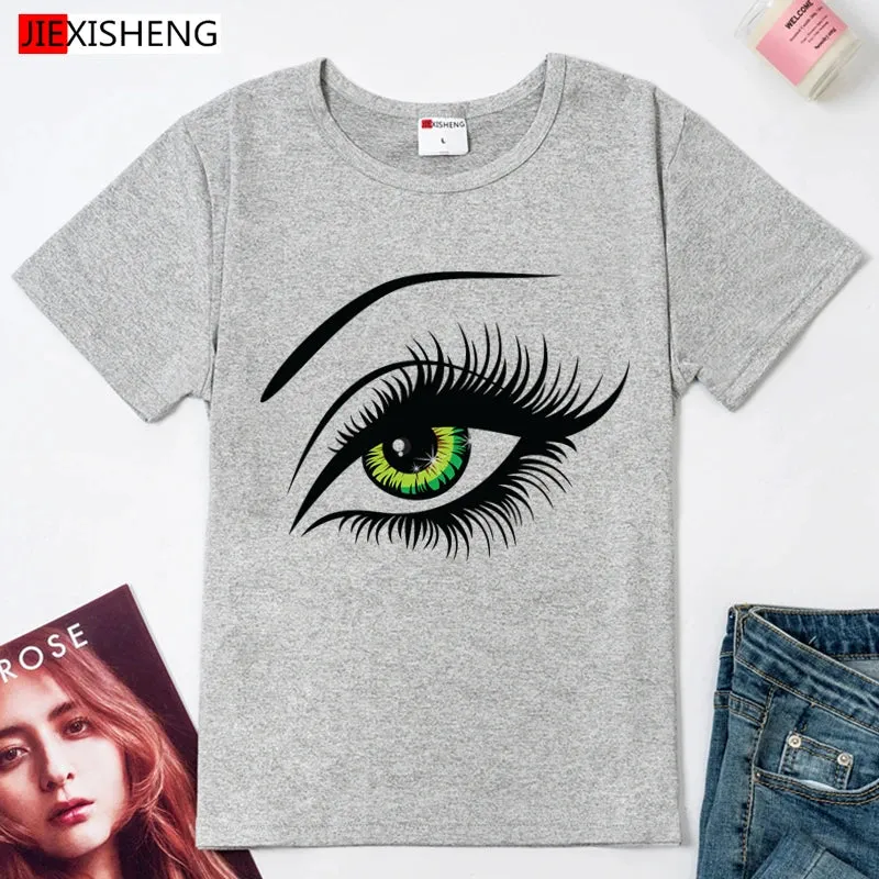 2021 Summer T shirt Women Tops Tees Short Sleeve Cotton Big Eyes Print Tshirt Funny T-shirt Woman Clothes