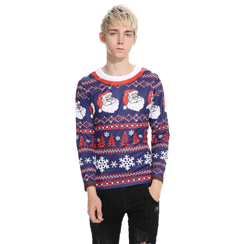 3D Cartoon Santa Claus Digital Print Round Neck Long Sleeve T-Shirt