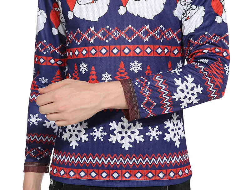 3D Cartoon Santa Claus Digital Print Round Neck Long Sleeve T-Shirt