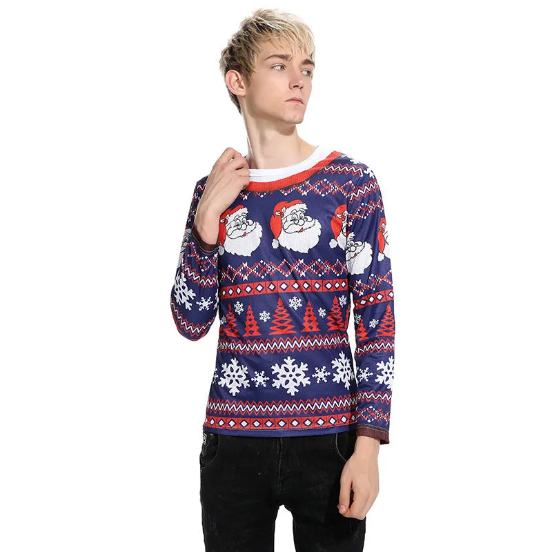 3D Cartoon Santa Claus Digital Print Round Neck Long Sleeve T-Shirt