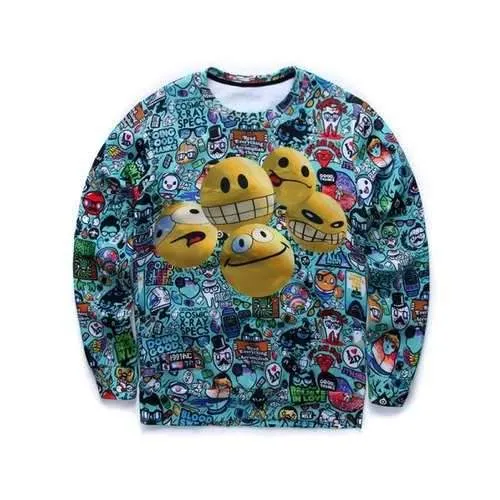 3D Cartoon Smile Face Print Round Neck Long Sleeve Sweatshirt - Blue L