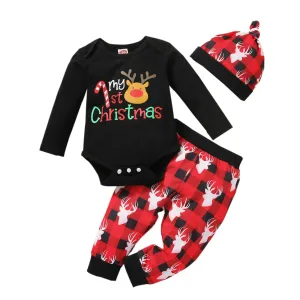 3pcs Infant Unisex Christmas Cartoon Deer Printed Romper Bodysuit Pants Hat Outfit