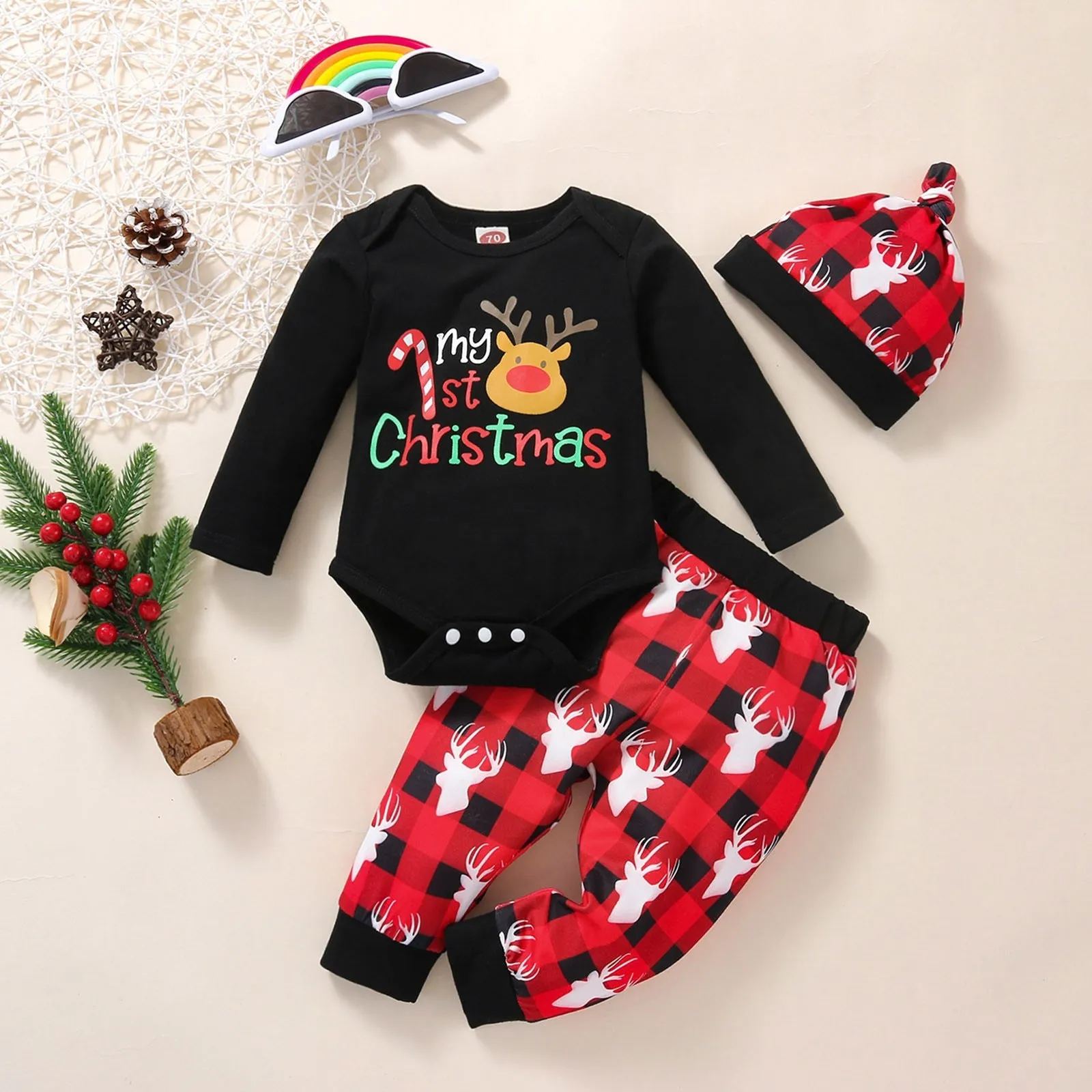 3pcs Infant Unisex Christmas Cartoon Deer Printed Romper Bodysuit Pants Hat Outfit