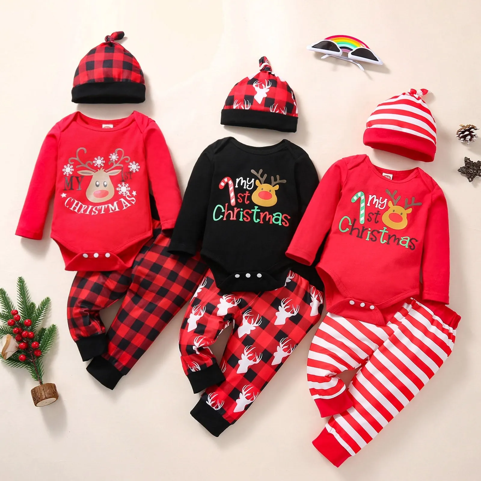 3pcs Infant Unisex Christmas Cartoon Deer Printed Romper Bodysuit Pants Hat Outfit