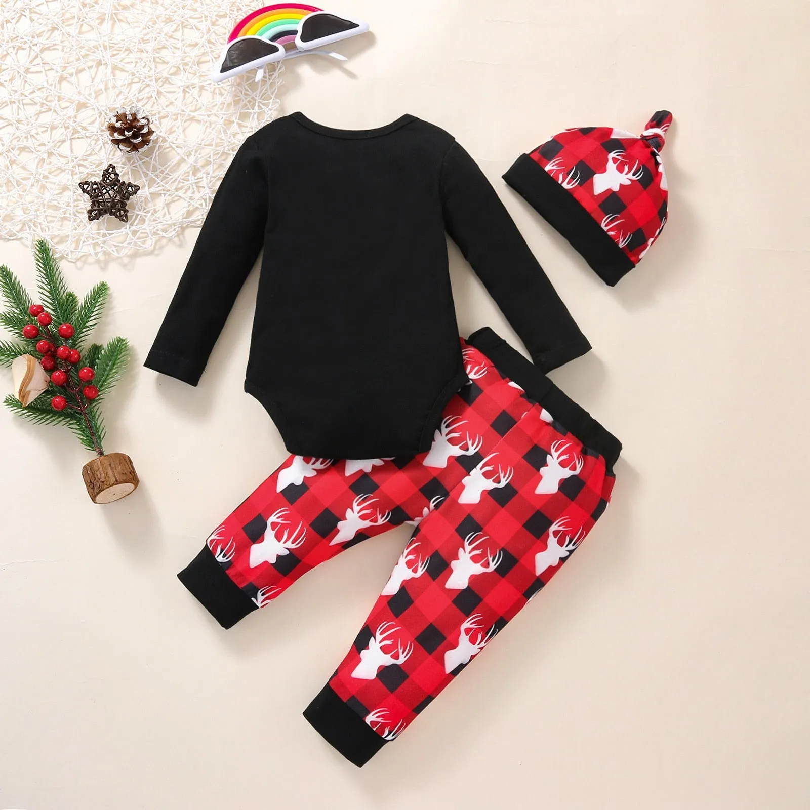 3pcs Infant Unisex Christmas Cartoon Deer Printed Romper Bodysuit Pants Hat Outfit