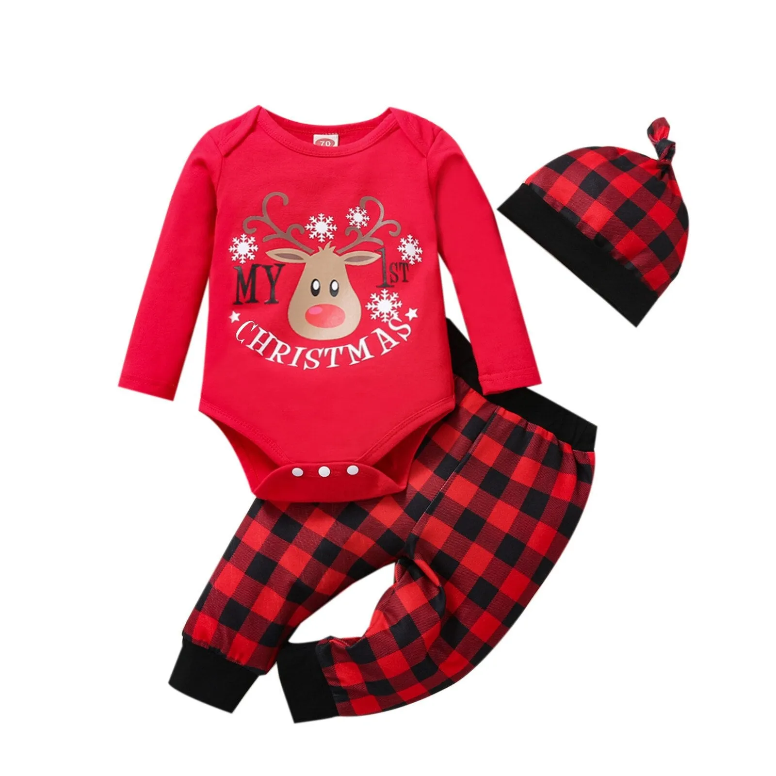 3pcs Infant Unisex Christmas Cartoon Deer Printed Romper Bodysuit Pants Hat Outfit