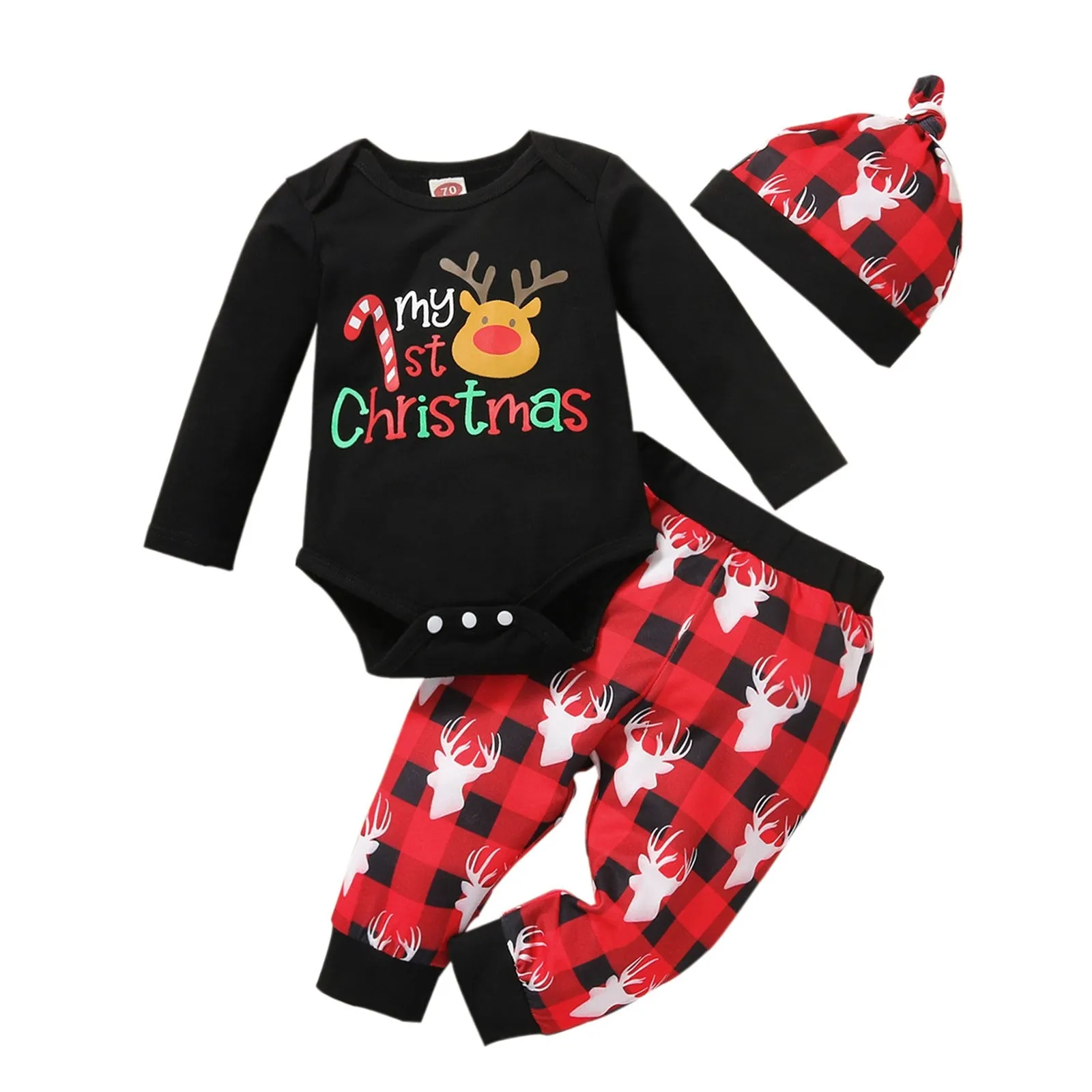 3pcs Infant Unisex Christmas Cartoon Deer Printed Romper Bodysuit Pants Hat Outfit