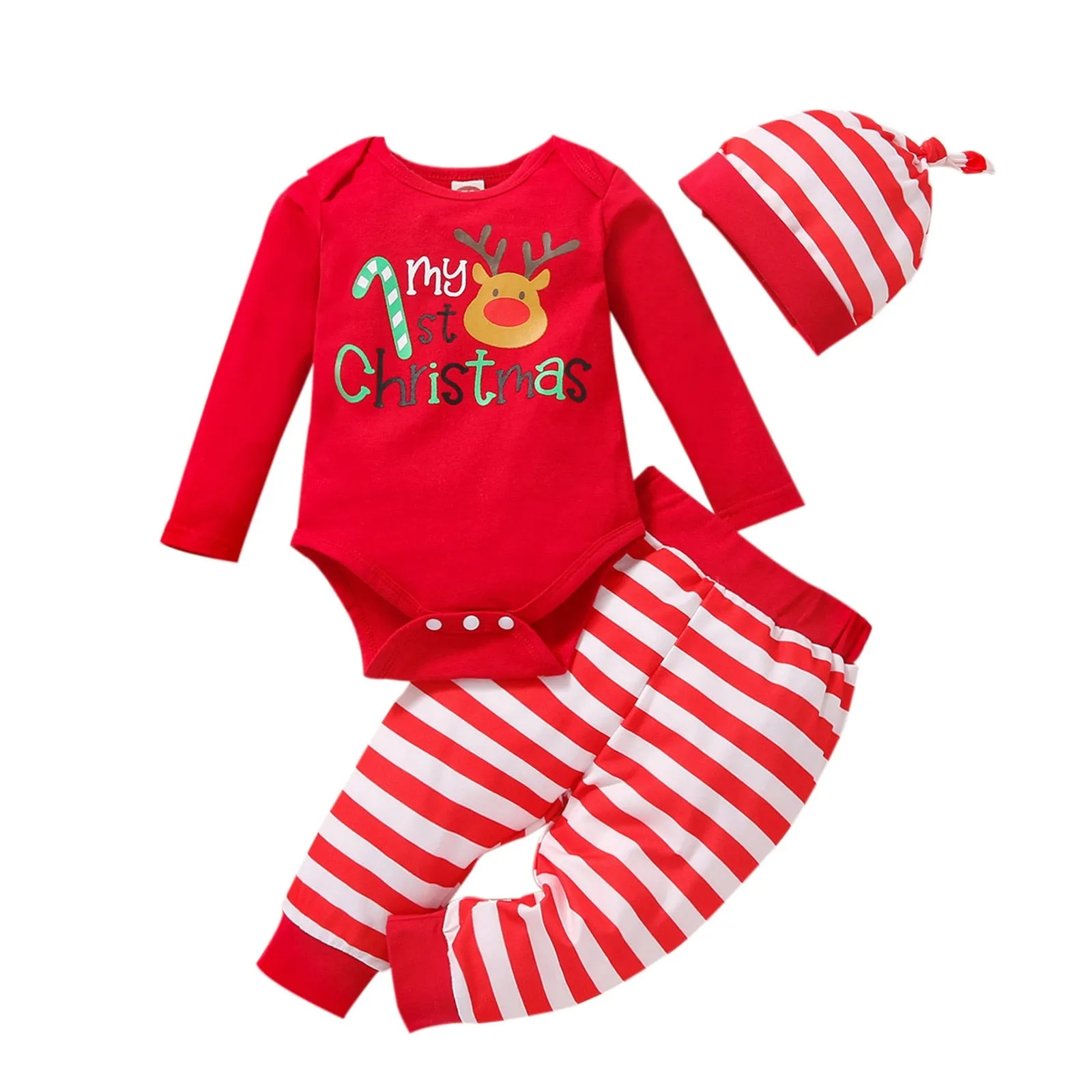 3pcs Infant Unisex Christmas Cartoon Deer Printed Romper Bodysuit Pants Hat Outfit