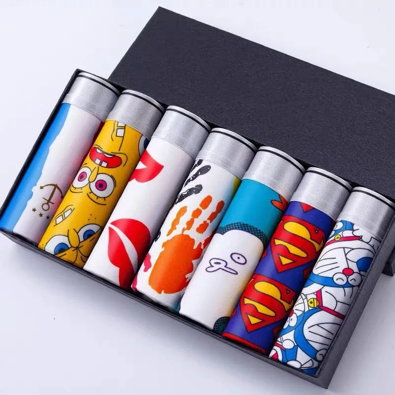 5/7pcs Lovely Cartoon Print Man Boxers Homme Fashion Silk Underwear Men Comfortable Underpants Soft Breathable Male Panties