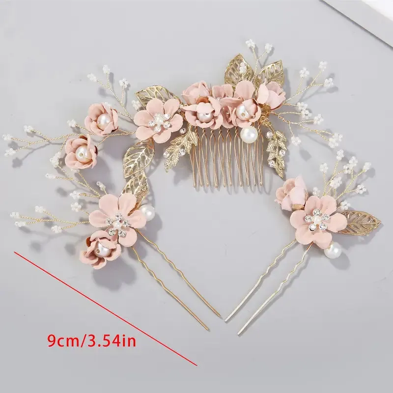 5pcs Vintage Pearl & Rhinestone Flower Hairpin Set