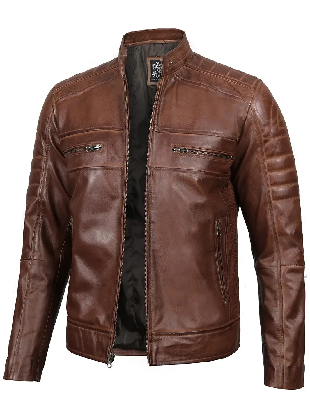 Austin Men Cognac Cafe Racer Leather Jacket