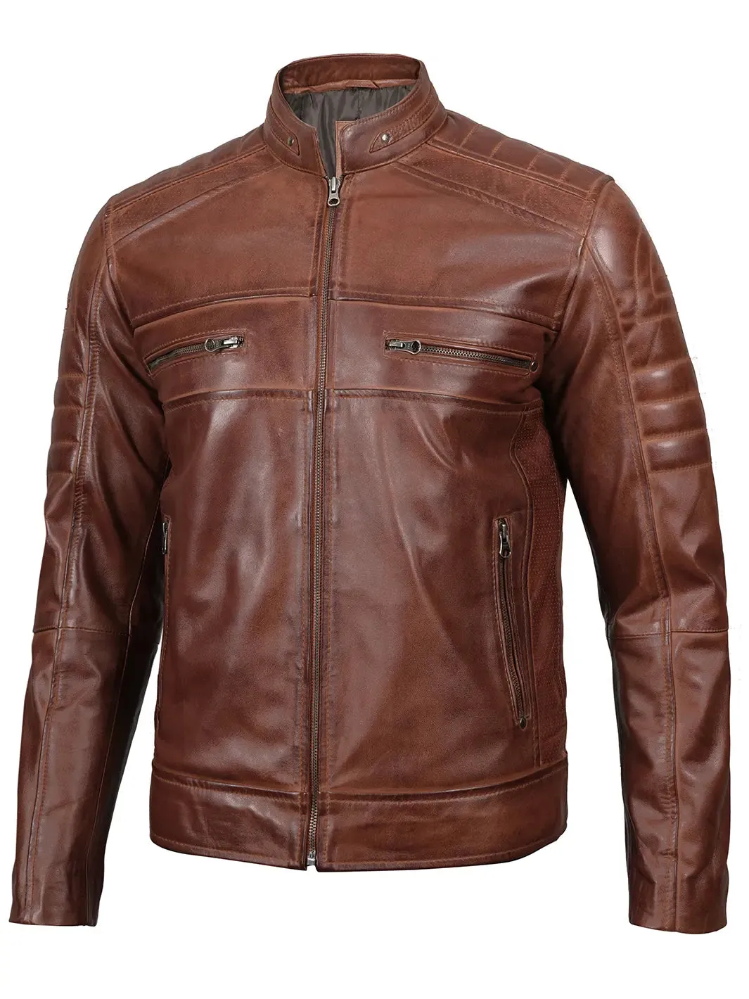 Austin Men Cognac Cafe Racer Leather Jacket