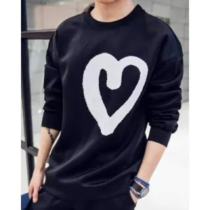 Autumn Casual Round Neck Cartoon Heart Print Hit Color Long Sleeves Men's Loose Fit Sweatshirt - Black M