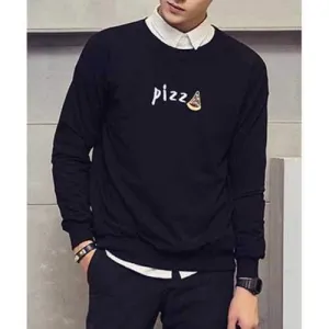 Autumn Round Neck Cartoon Pizza Pattern Rib Spliced Long Sleeves Men's Slimming Sweatshirt - Black M