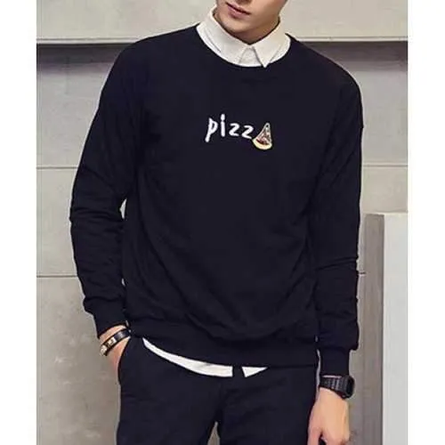 Autumn Round Neck Cartoon Pizza Pattern Rib Spliced Long Sleeves Men's Slimming Sweatshirt - Black M