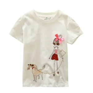 Baby Girls Cute Cartoon 'Baby Girl And Dog' Creative Cotton T-shirt - White, Blue, Apple