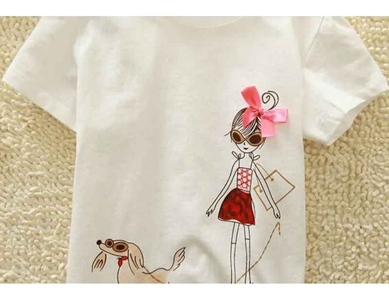 Baby Girls Cute Cartoon 'Baby Girl And Dog' Creative Cotton T-shirt - White, Blue, Apple