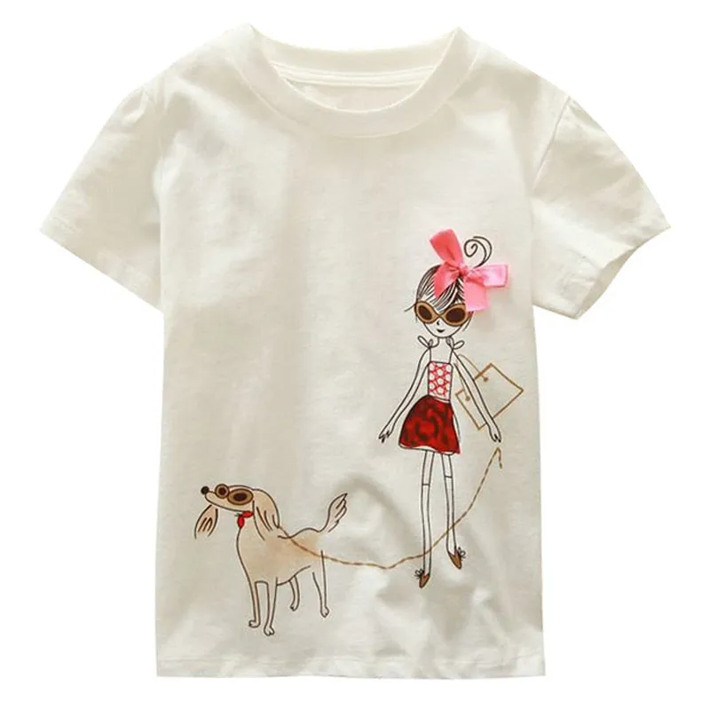 Baby Girls Cute Cartoon 'Baby Girl And Dog' Creative Cotton T-shirt - White, Blue, Apple