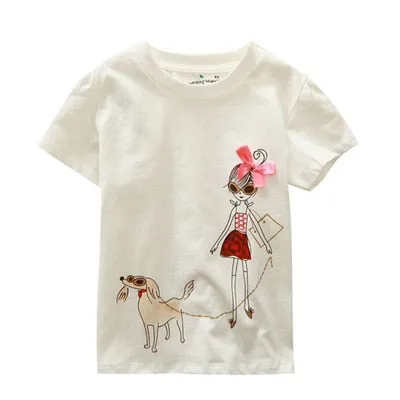 Baby Girls Cute Cartoon 'Baby Girl And Dog' Creative Cotton T-shirt - White, Blue, Apple