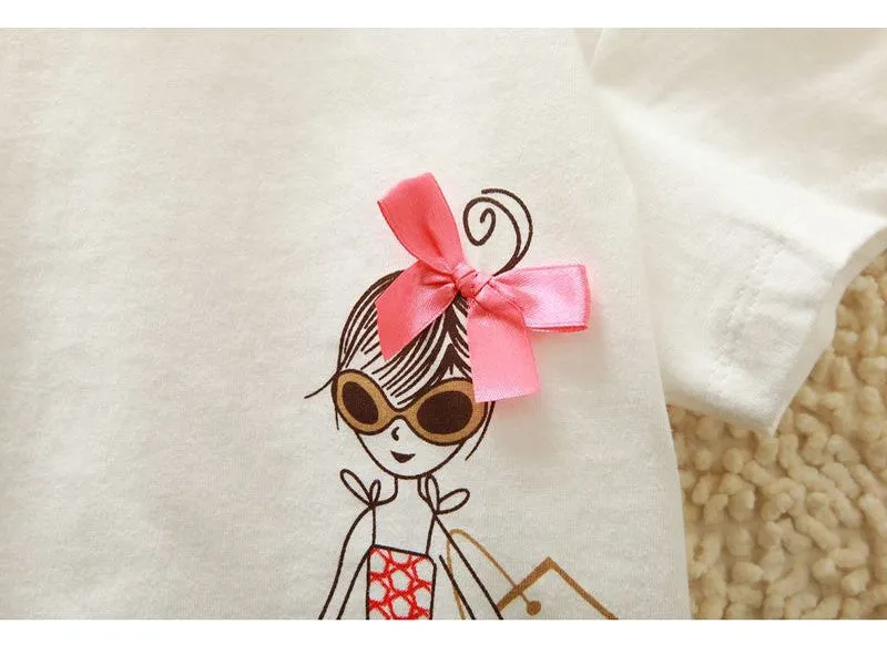 Baby Girls Cute Cartoon 'Baby Girl And Dog' Creative Cotton T-shirt - White, Blue, Apple