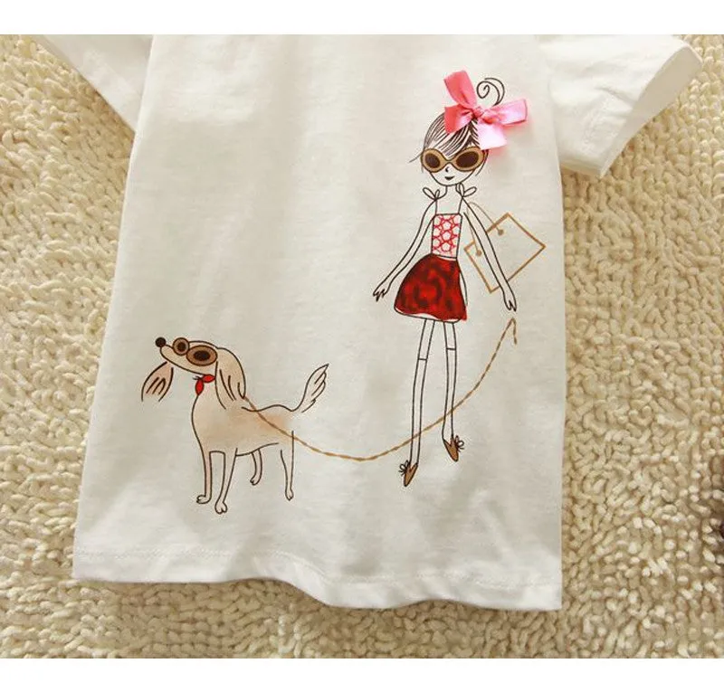 Baby Girls Cute Cartoon 'Baby Girl And Dog' Creative Cotton T-shirt - White, Blue, Apple