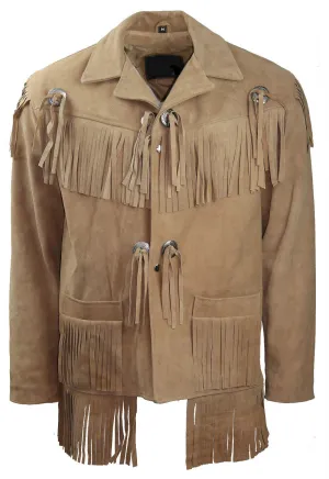 Beige Suede Leather Fringe Jacket for Western Cowboy Mens NFJ502