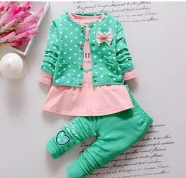 BibiCola Kids Spring  new Korean wave point clothing set baby girls cute cotton clothes suit childern cartoon 3pcs suit
