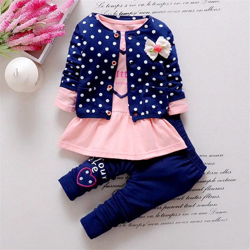 BibiCola Kids Spring  new Korean wave point clothing set baby girls cute cotton clothes suit childern cartoon 3pcs suit