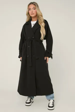 Black Double Breasted Tie Sleeve Longline Oversized Trench Coat - Annmarie