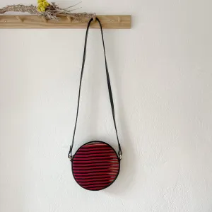 Black Genuine Leather & Striped Fabric Pattern Crossbody Bag
