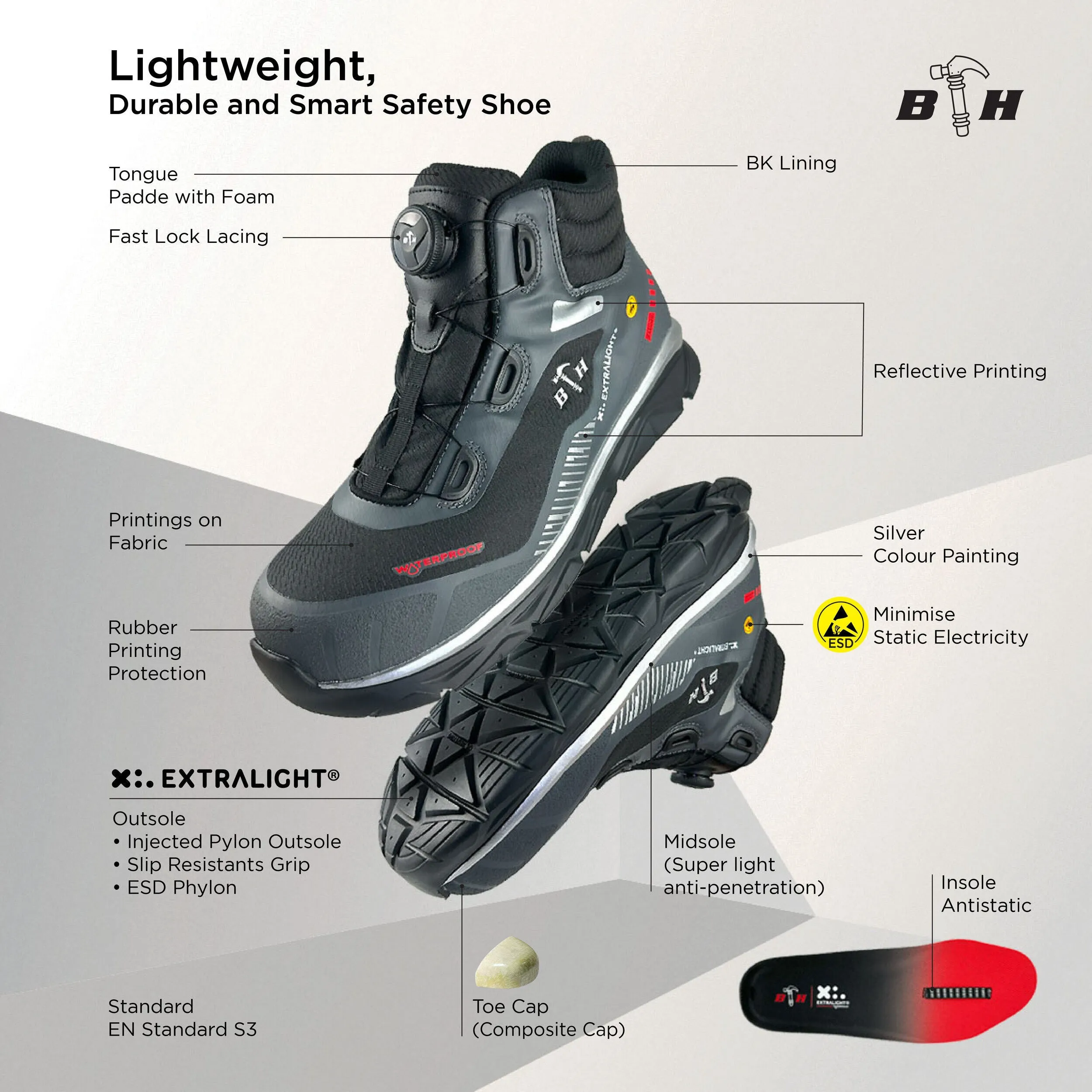 BLACK HAMMER Pro Series Men Mid Cut Waterproof ESD Extralight Safety Shoe BHS-22004