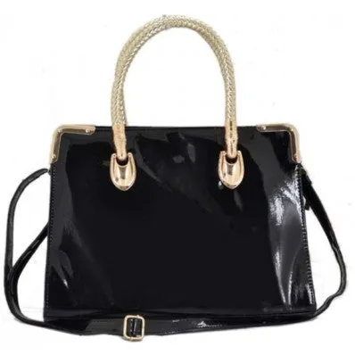 Black Patent Tote With Woven Handle