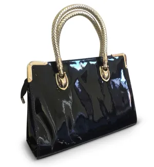 Black Patent Tote With Woven Handle