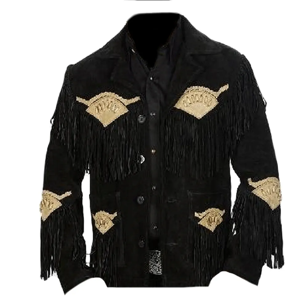 Black Suede Leather Fringe Jacket for Western Cowboy Mens NFJ507