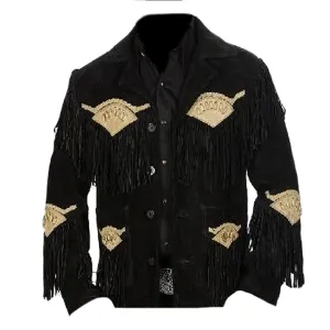 Black Suede Leather Fringe Jacket for Western Cowboy Mens NFJ507