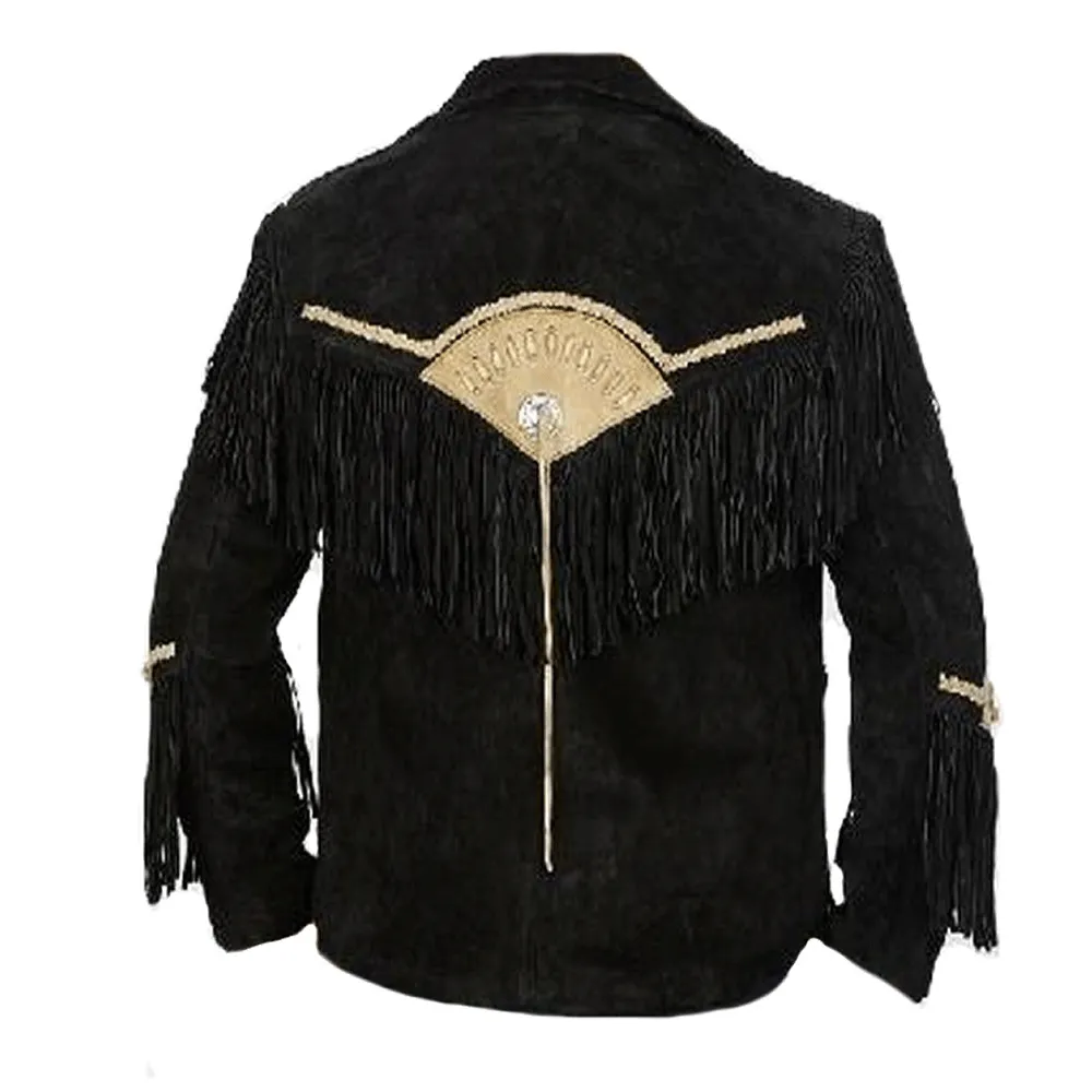 Black Suede Leather Fringe Jacket for Western Cowboy Mens NFJ507