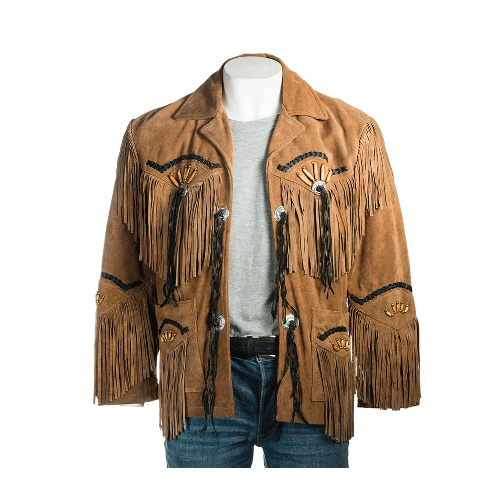 Black Suede Leather Fringe Jacket for Western Cowboy Mens NFJ508