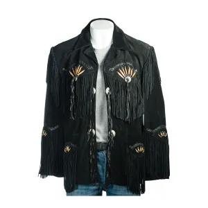 Black Suede Leather Fringe Jacket for Western Cowboy Mens NFJ508