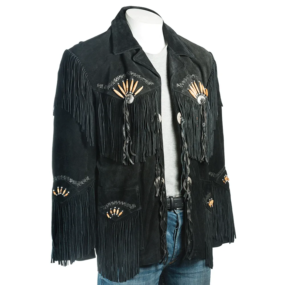 Black Suede Leather Fringe Jacket for Western Cowboy Mens NFJ508