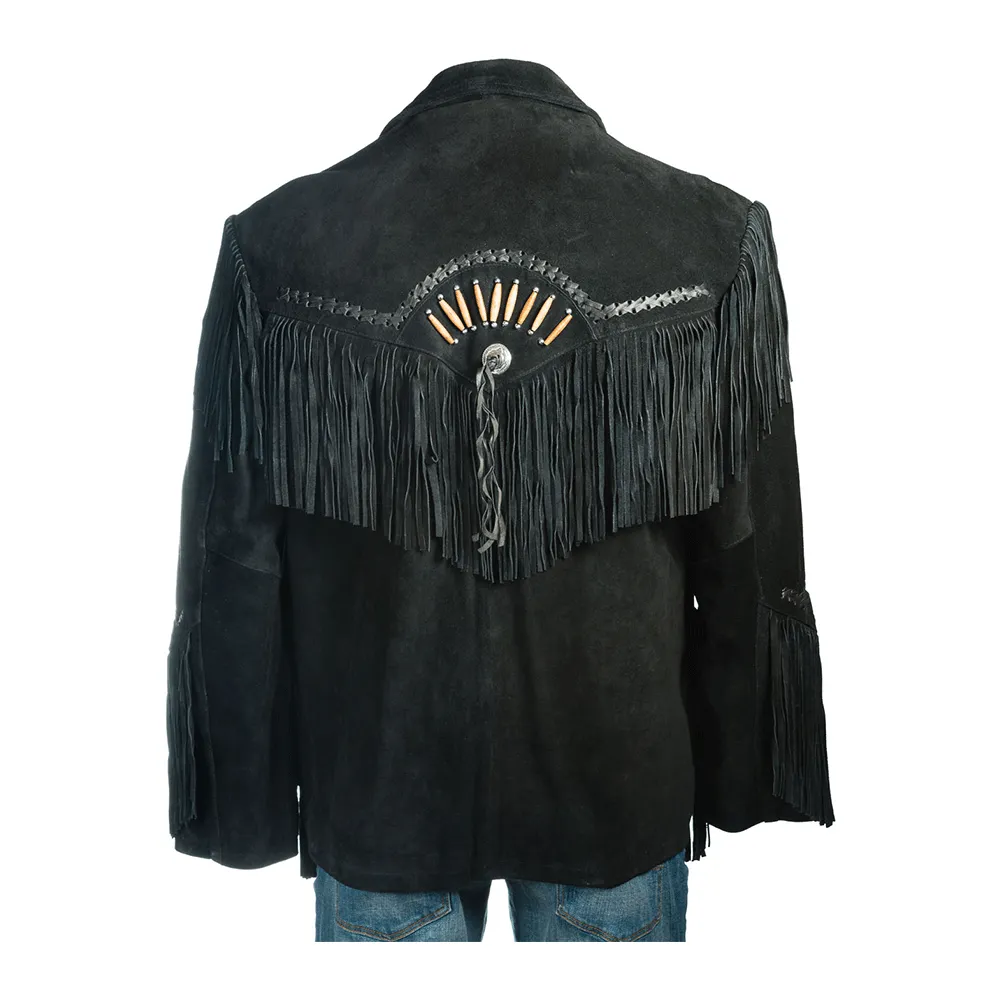 Black Suede Leather Fringe Jacket for Western Cowboy Mens NFJ508