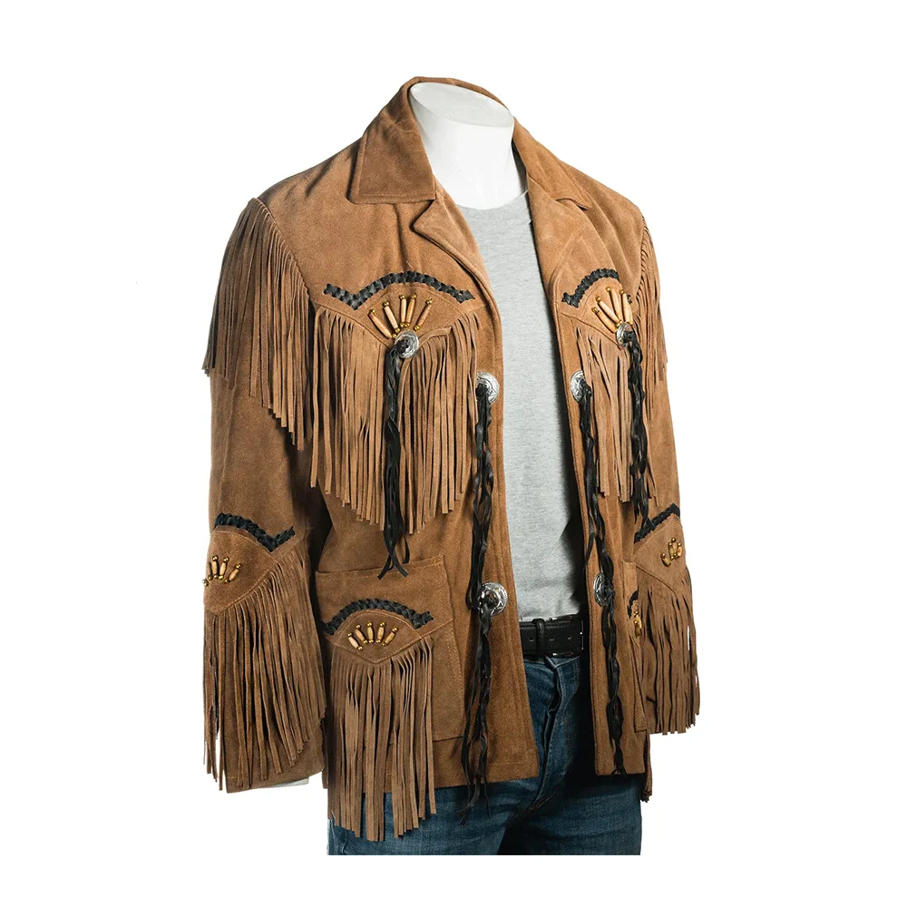 Black Suede Leather Fringe Jacket for Western Cowboy Mens NFJ508