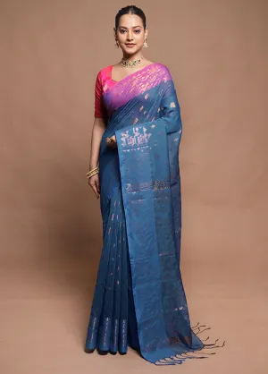 Blue Cotton Saree With Blouse Piece
