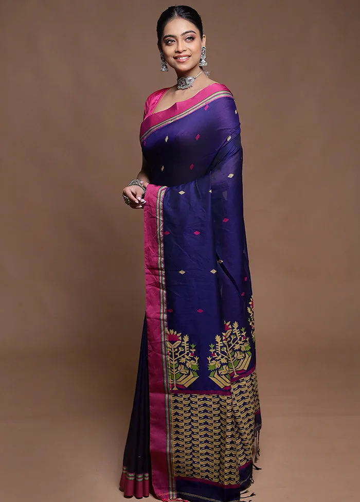 Blue Cotton Saree With Blouse Piece
