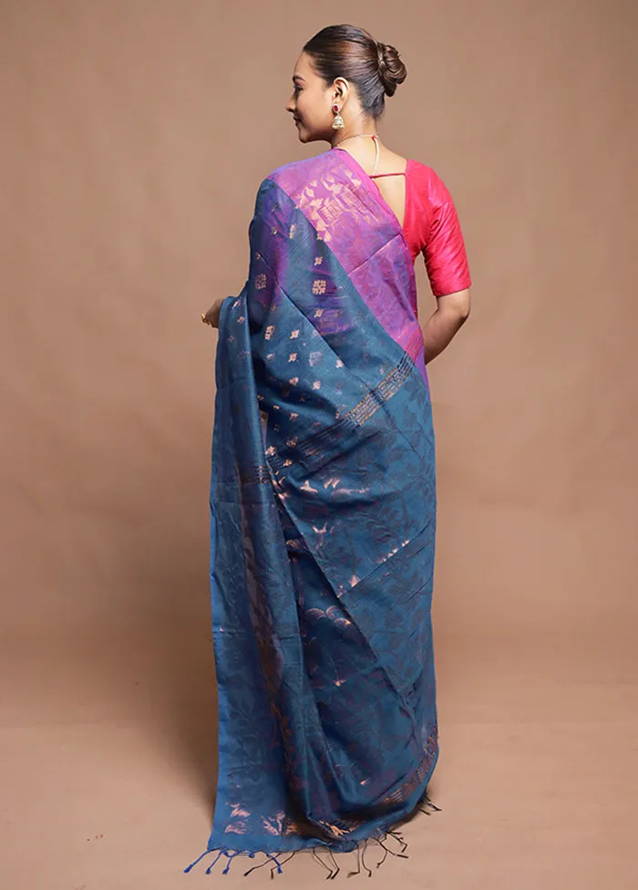 Blue Cotton Saree With Blouse Piece